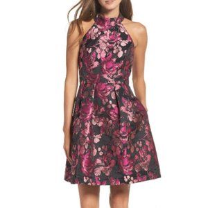 Eliza J | Black Pink Floral Jacquard Halter Neck Fit Flare Dress | Size 12